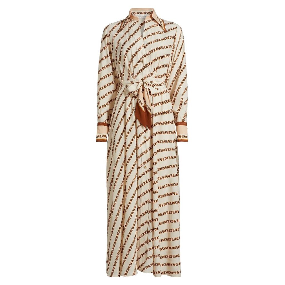 NEW Zimmermann Size 1 ( US 4-6/ Small) Tuck Chain Print Midi-Shirtdress - Cream